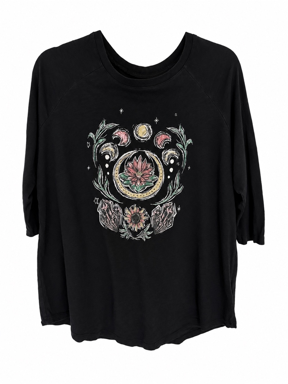 Torrid Super Soft Moon Phase Floral Graphic Slub Jersey Top Black Sz 0 Mystic